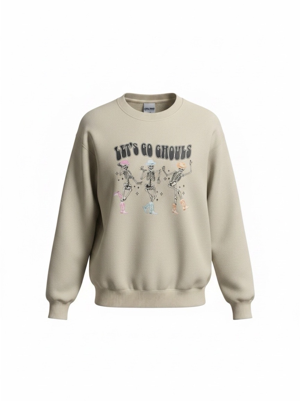 Gildan Beige Crewneck Sweatshirt with 'Let’s Go Ghouls' Skeleton Graphic